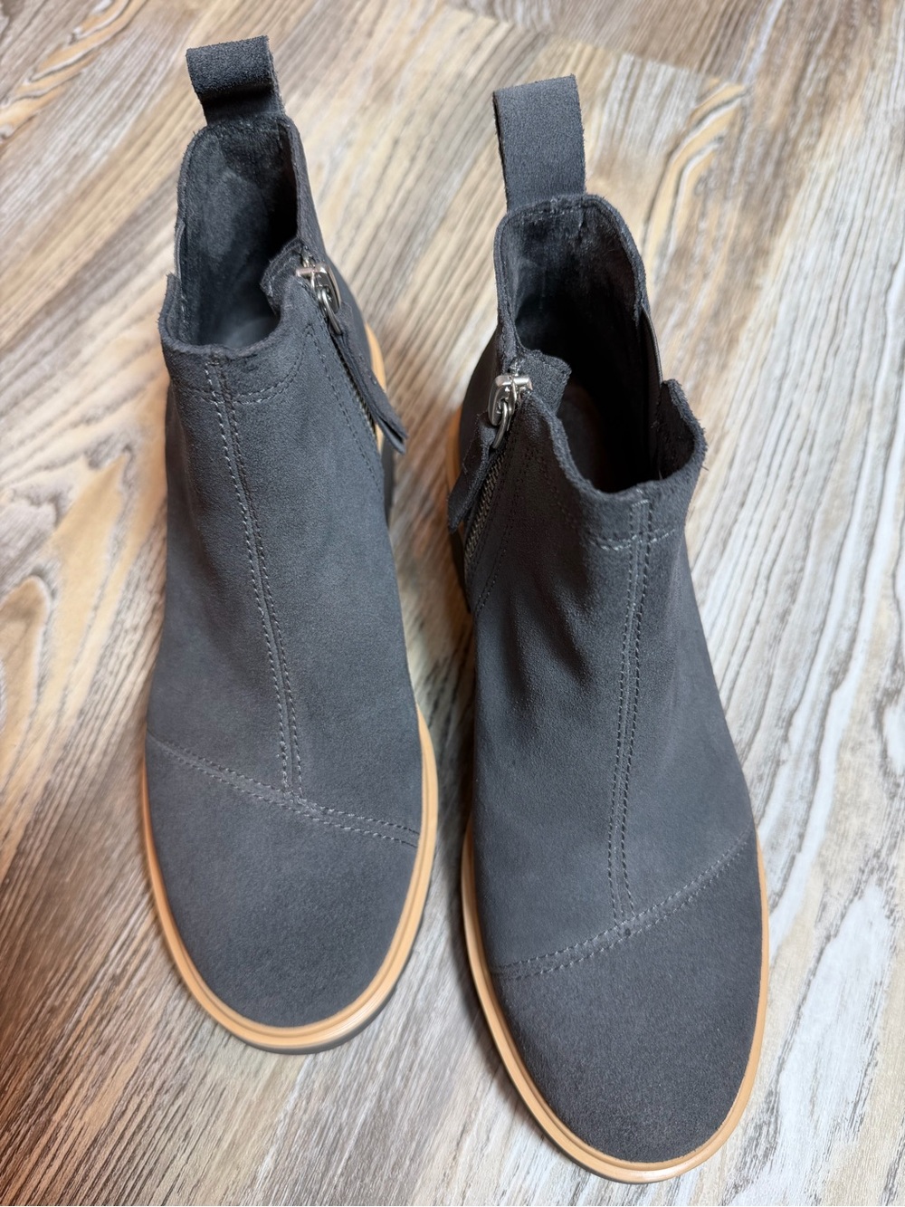 TOMS Maude Wedge Booties Forged Iron Grey Suede Side Zip Ankle Boots Size 6.5
